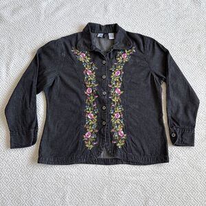 Vintage Black Denim Jean Shacket Embroidered Flowers Size M Studio West Denim